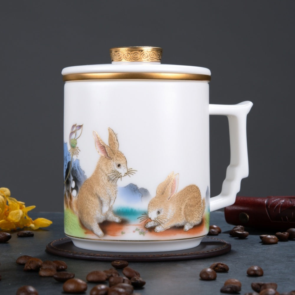Two Rabbits Mutton Fat Jade Porcelain Mug