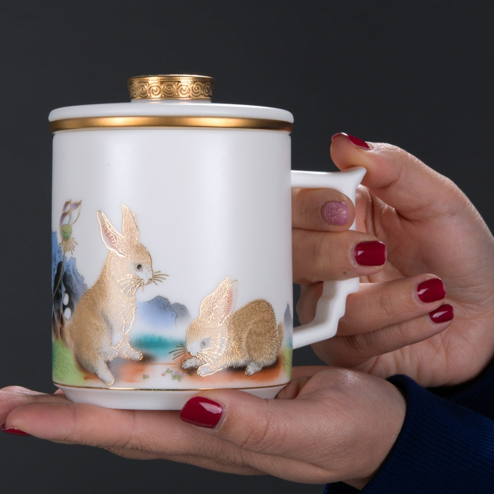 Two Rabbits Mutton Fat Jade Porcelain Mug