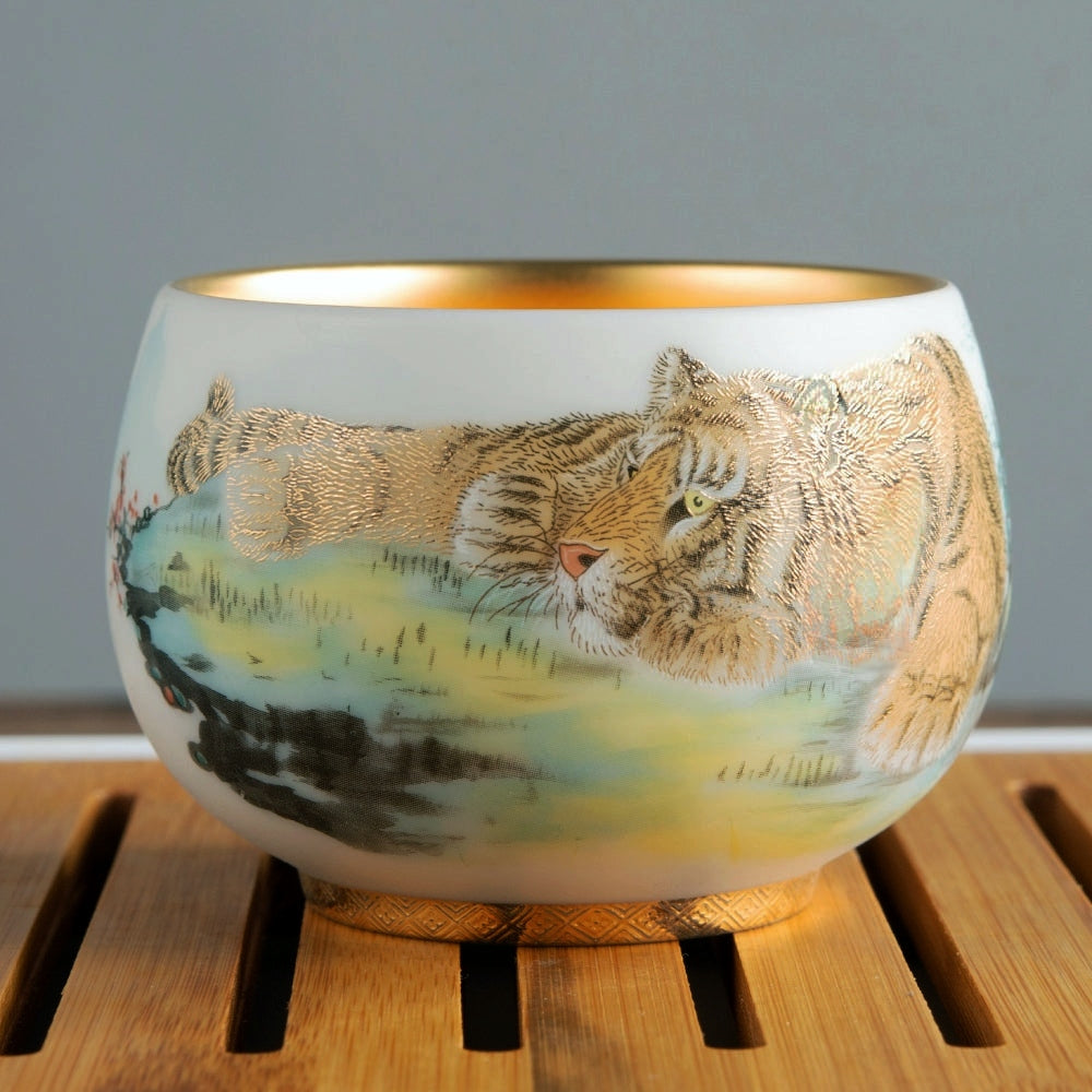Tiger Tea Cup - Mutton Fat Jade Porcelain