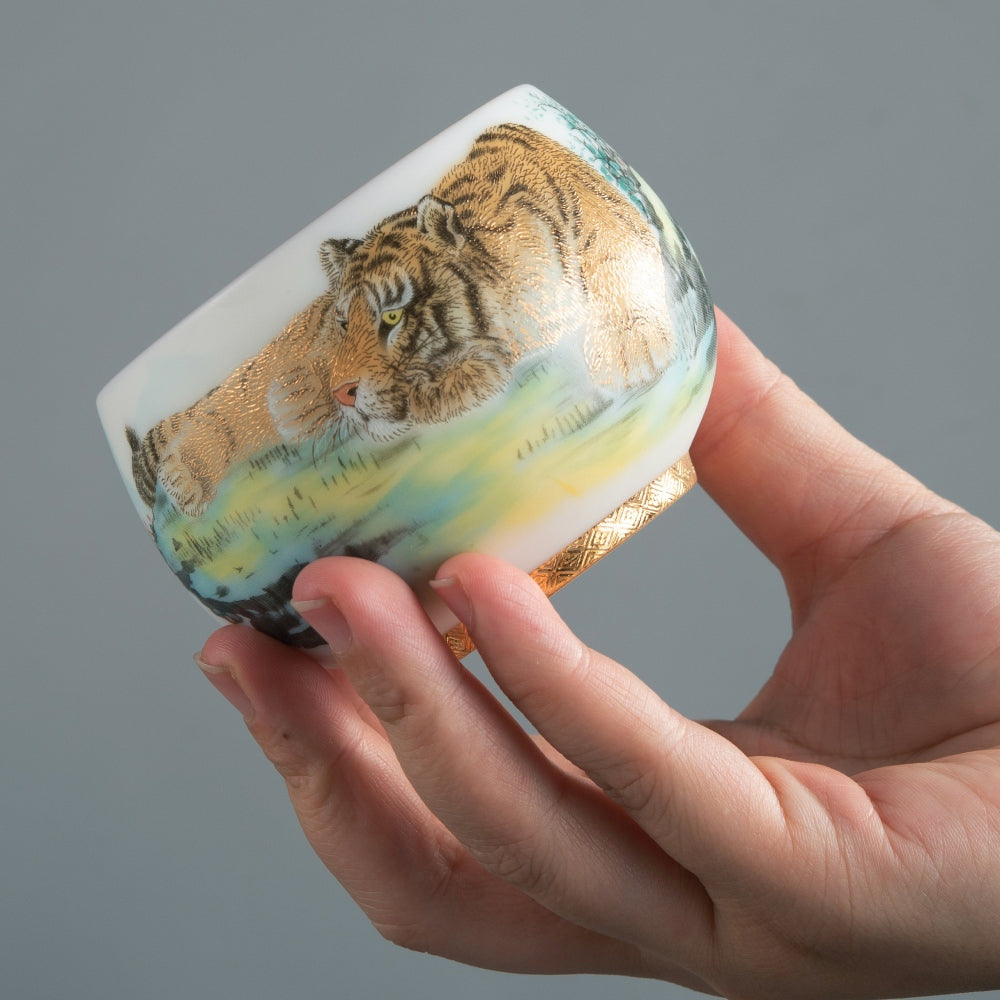 Tiger Tea Cup - Mutton Fat Jade Porcelain