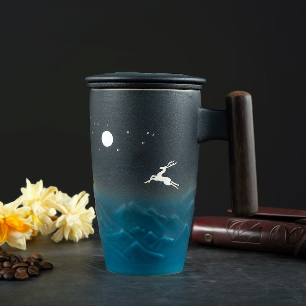 Moonlit Forest Mug – Porcelain Grace with Elk Motif